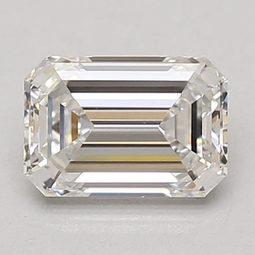Emerald-cut lab-grown diamond with faceted surfaces and clear transparency, displayed against a neutral background.