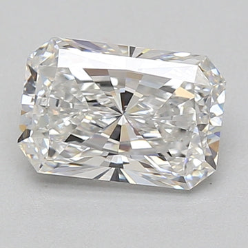 Radiant cut lab-grown diamond with faceted surfaces and light reflections, displayed at an angle on a neutral background.