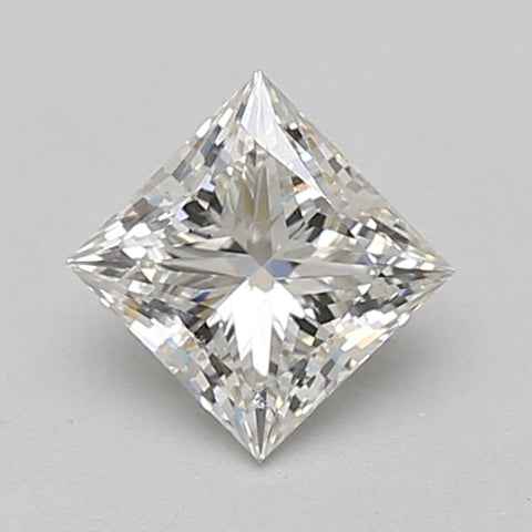 Colorless princess-cut diamond with faceted edges and pointed corners on neutral background.