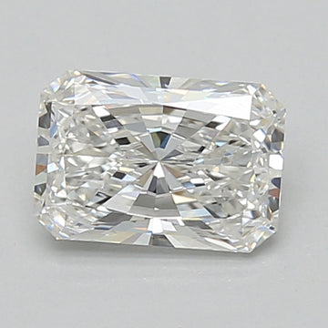 Radiant cut lab-grown diamond with faceted surfaces reflecting light, displayed on gray background.