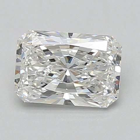 Radiant cut lab-grown diamond with faceted surfaces reflecting light, displayed on gray background.