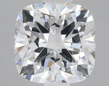 Colorless cushion-cut lab-grown diamond with multiple facets reflecting light, displayed against a gray background.