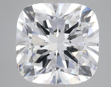 Cushion cut lab-grown diamond with faceted surface displaying light refraction and brilliance against neutral background.