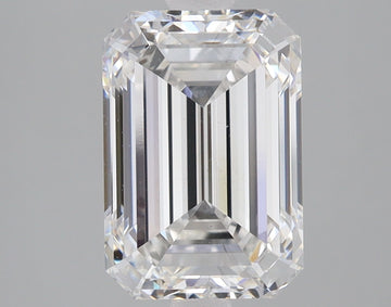 Emerald cut lab-grown diamond, 3.03 carat, with faceted surfaces and clear transparency displayed against gray background.