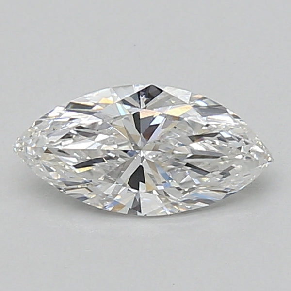 Marquise-cut loose diamond with faceted surface and light reflections on neutral background.