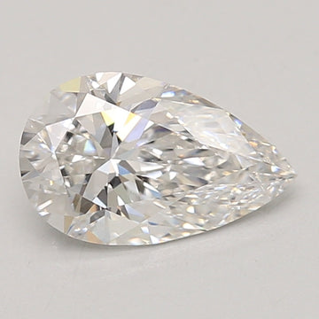 Pear-shaped colorless lab-grown diamond with faceted surface and light reflections on neutral background.