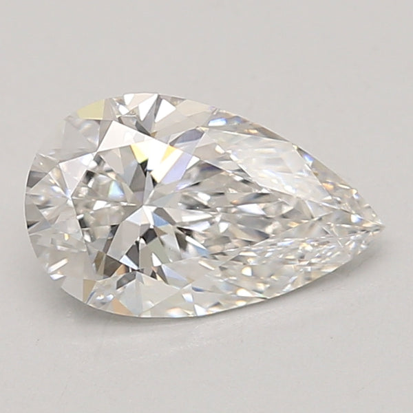 Pear-shaped colorless lab-grown diamond with faceted surface and light reflections on neutral background.
