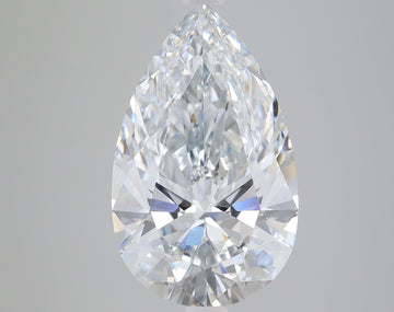 Pear-shaped loose diamond with faceted surfaces and clear crystalline appearance on gray background.