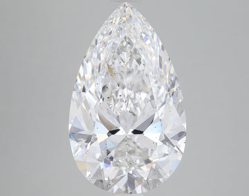 Pear-shaped lab-grown diamond with faceted surface and clear appearance, displayed against a neutral gray background.