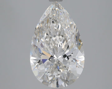 Pear-shaped colorless lab-grown diamond with faceted surfaces and light reflections visible on gray background.