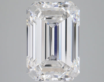 Emerald cut lab grown diamond with faceted sides and clear transparency, displayed against neutral background.