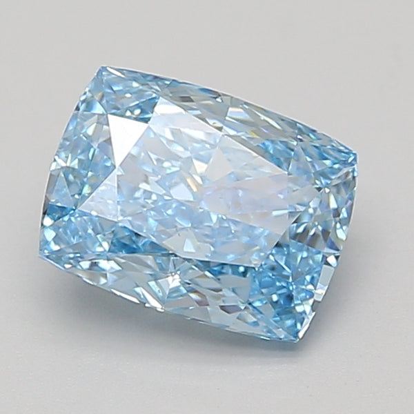 Cushion-cut lab grown diamond with light blue tint and faceted surfaces, displayed against neutral background.