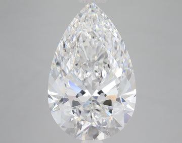 Pear-shaped clear lab-grown diamond with faceted surface and light reflections on gray background.