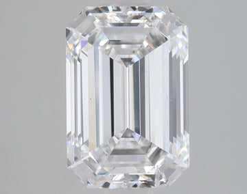 Emerald-cut clear diamond with faceted edges and brilliant light reflection on neutral background.