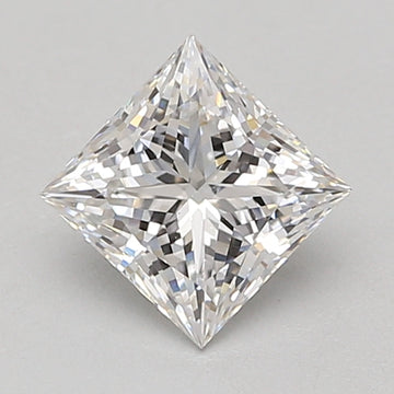 Princess-cut lab-grown diamond with faceted surfaces and light refraction, displayed against neutral background.