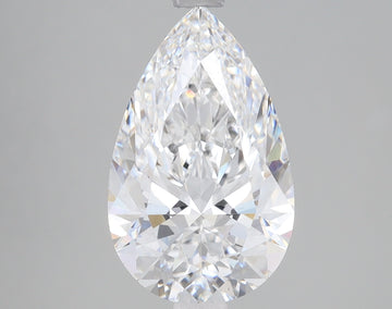 Pear-shaped colorless lab-grown diamond with brilliant faceting on neutral gray background.