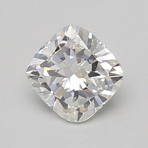 Cushion-cut lab-grown diamond with faceted surface and clear brilliance on neutral background.