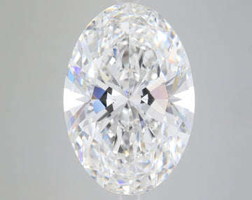 Oval-cut lab-grown diamond with faceted surfaces displaying light refraction and colorless clarity.
