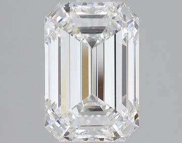 Emerald-cut lab-grown diamond with faceted surfaces, displaying light refraction and clarity against neutral background.