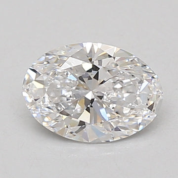 Oval-cut lab-grown diamond with faceted surfaces reflecting light, displayed on neutral background.
