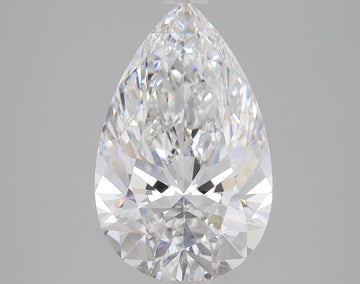 Pear-shaped clear lab-grown diamond with faceted surfaces and light reflections on gray background.