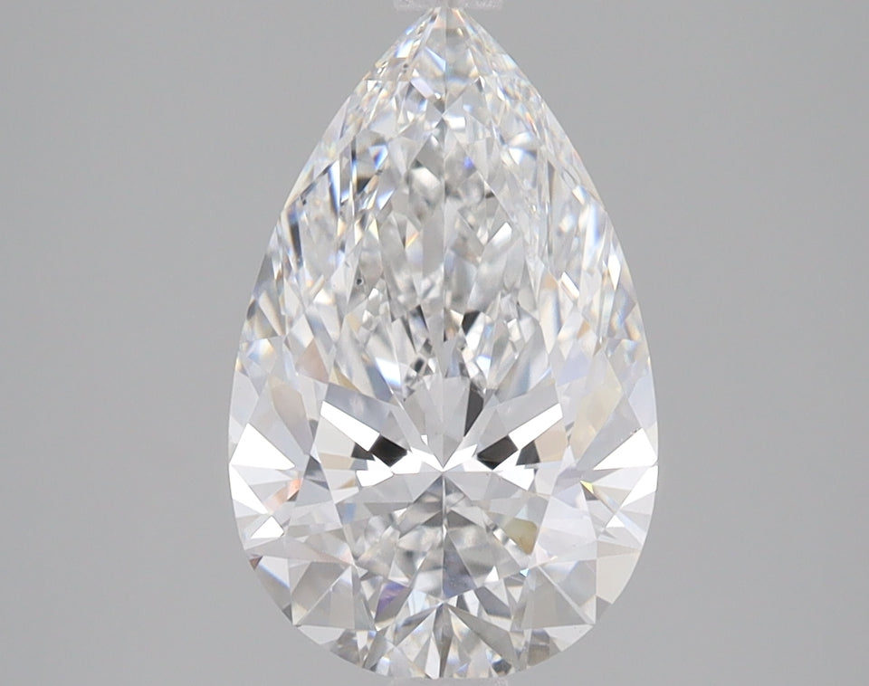 Pear-shaped clear lab-grown diamond with faceted surfaces and light reflections on gray background.