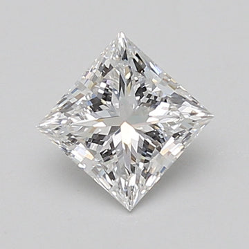 Colorless princess-cut loose diamond with faceted surfaces and pointed corners on neutral background.