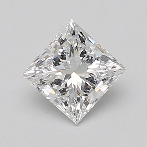 Colorless princess-cut loose diamond with faceted surfaces and pointed corners on neutral background.