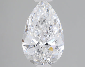 Pear-shaped lab-grown diamond with brilliant faceting and light reflections on gray background.