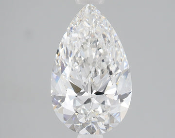 Pear-shaped colorless diamond with faceted surfaces and light reflections on gray background.