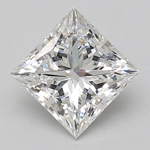 Princess-cut lab-grown diamond loose stone with clear faceting and light reflections on gray background.