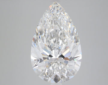 Pear-shaped lab grown diamond with faceted surface and clear coloration against neutral background.