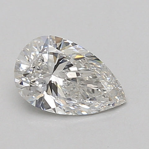 Pear-shaped colorless lab-grown diamond with faceted surface and light reflections on neutral gray background.