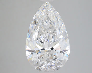 Pear-shaped colorless lab grown diamond with faceted surfaces and light reflections on gray background.