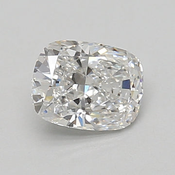 Cushion-cut lab-grown diamond with faceted surface reflecting light, displayed on neutral gray background.