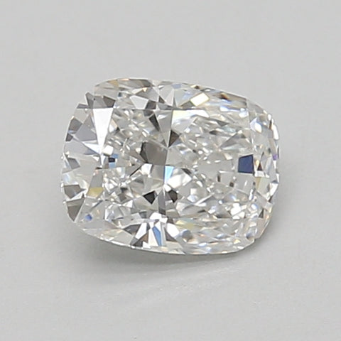 Cushion-cut lab-grown diamond with faceted surface reflecting light, displayed on neutral gray background.