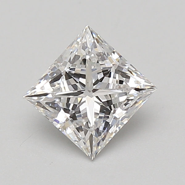 Clear princess-cut lab-grown diamond with faceted surfaces and bright reflections on neutral background.