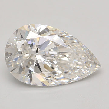 Pear-shaped lab-grown diamond with faceted surfaces displaying light refraction and colorless clarity.