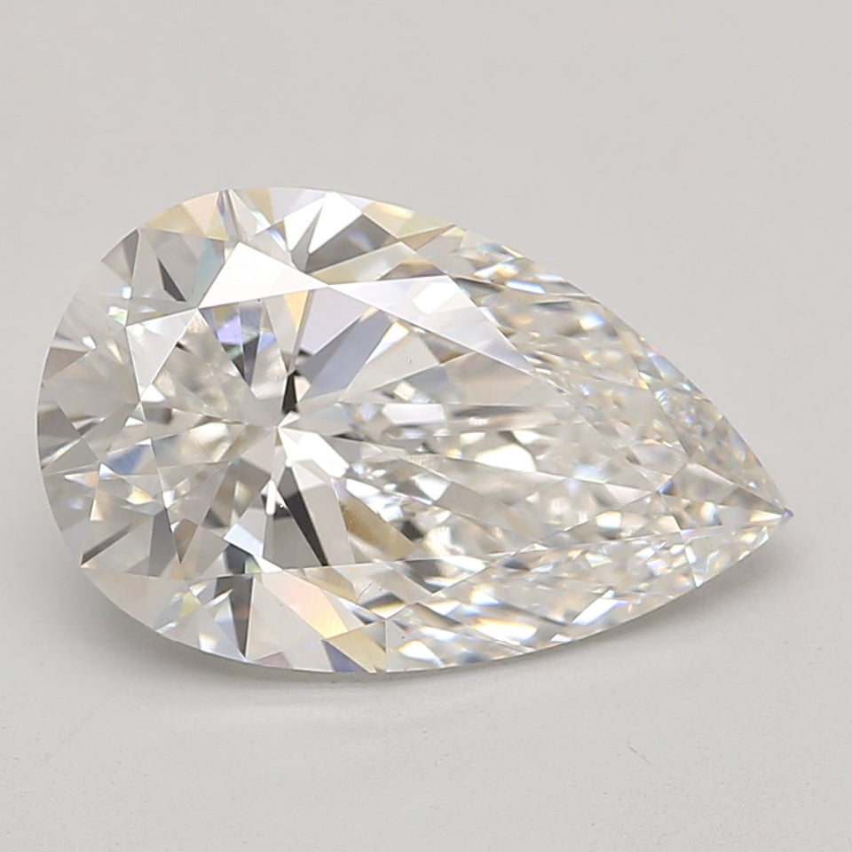 Pear-shaped lab-grown diamond with faceted surfaces displaying light refraction and colorless clarity.