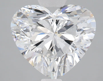 Heart-shaped lab-grown diamond with faceted surface displaying white and blue light reflections.