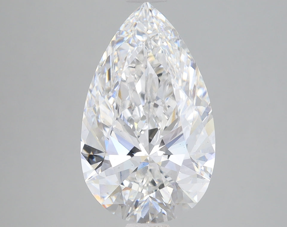 Pear-shaped faceted diamond with clear brilliance and reflective facets on neutral background.