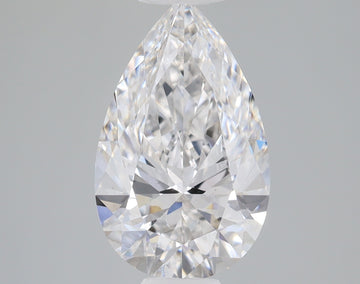 Pear-shaped clear lab-grown diamond with faceted surface and light reflections on neutral gray background.