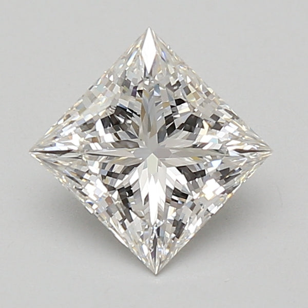 Princess-cut lab-grown diamond with faceted surface displaying light refraction and internal reflections.