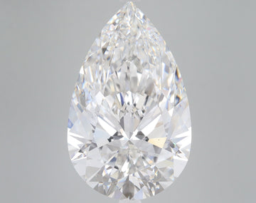 Clear pear-shaped lab-grown diamond with faceted surface and light reflections on neutral gray background.