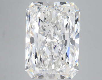 Radiant cut lab grown diamond with faceted surfaces reflecting light, displayed against neutral background.