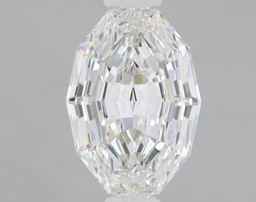 Clear oval step-cut lab-grown diamond with geometric faceting and light reflections on neutral background.