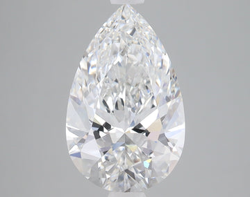 Pear-shaped colorless lab-grown diamond with faceted surface reflecting light, displayed against neutral background.