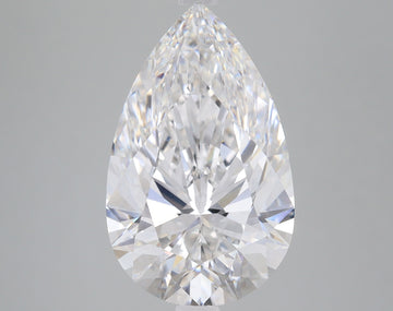 Pear-shaped lab-grown diamond with multiple facets displaying light refraction on gray background.