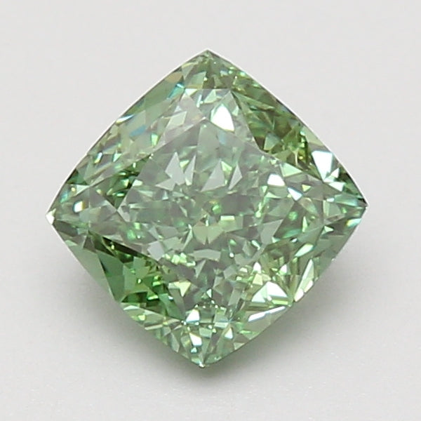 Cushion-cut lab-grown diamond with pale green tint and faceted surface, displayed on neutral background.