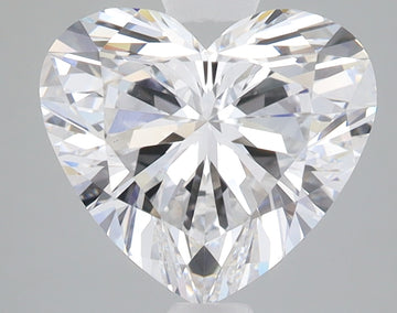Heart-shaped colorless lab-grown diamond with faceted surfaces reflecting light, shown against gray background.